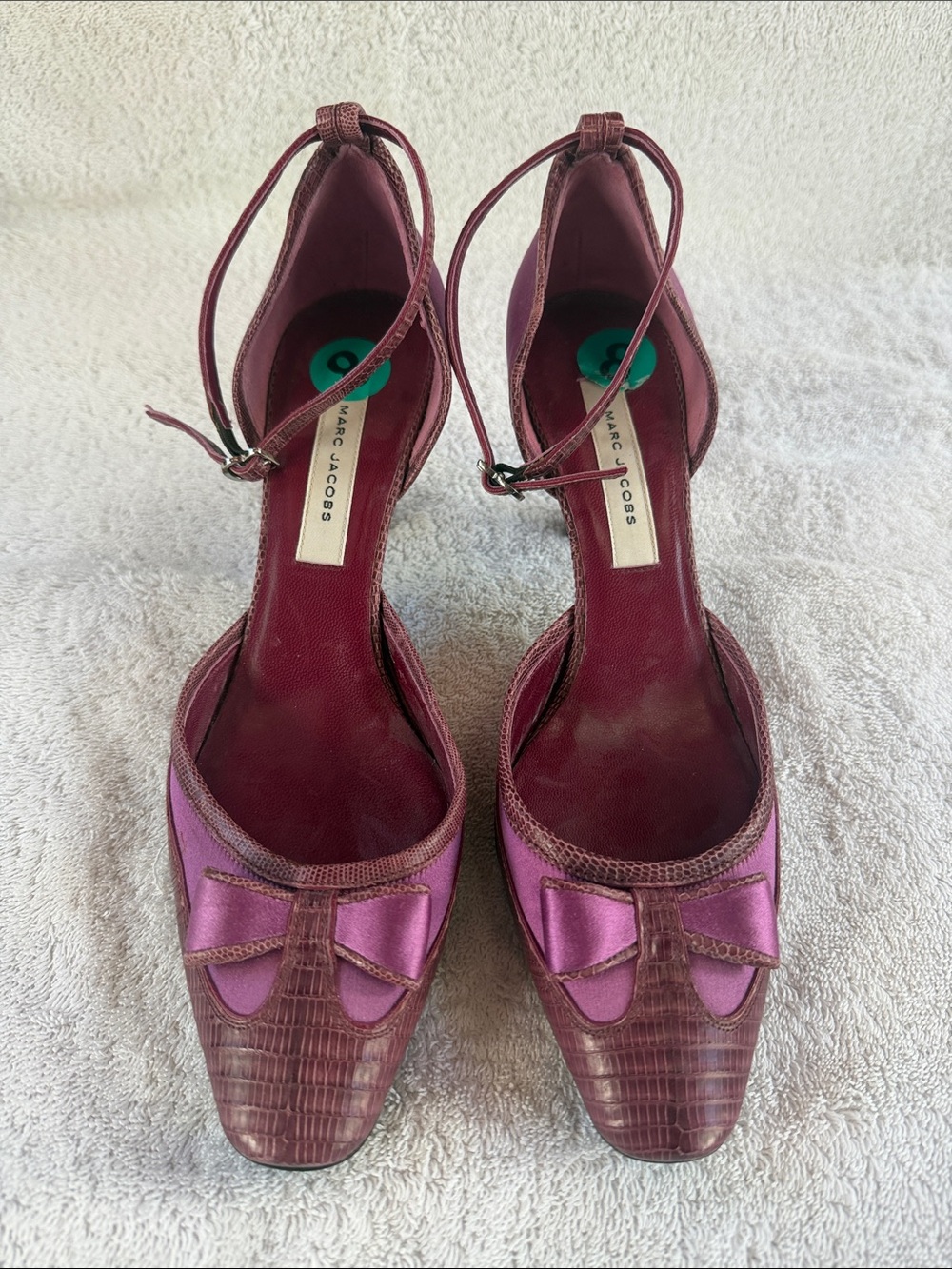 Vintage Marc Jacobs Brand New Pink Satin and Burgundy Leather Bow Pumps